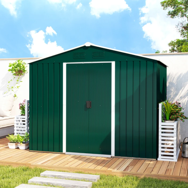 Outsunny 8' x 6' Garden Storage Shed, Metal Tool Shed with Lockable Sliding Doors Vents for Backyard Patio Lawn Gardens, Green