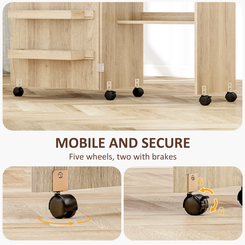 HOMCOM Sewing Machine Cabinet, Folding Sewing Table with Storage Shelf, Bins and Lockable Wheels for Small Space, Nature Wood