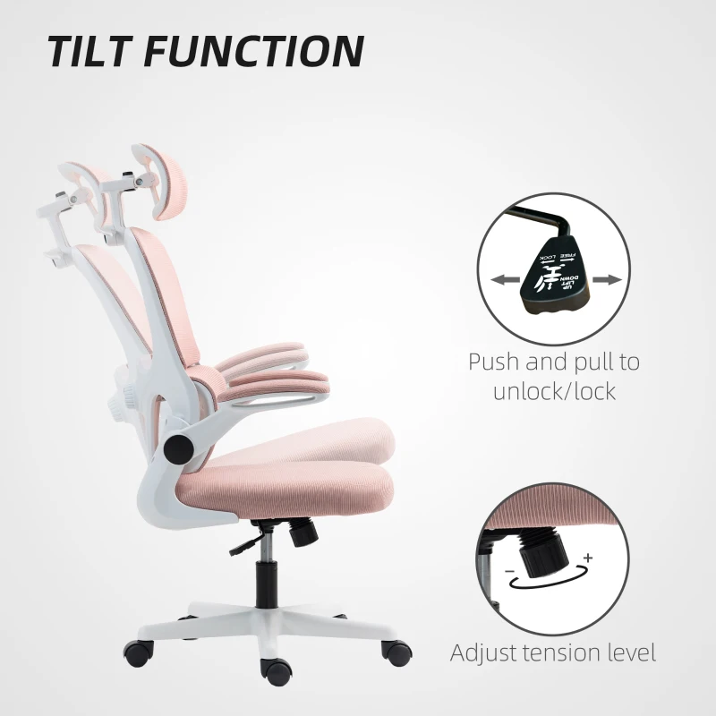 HOMCOM Mesh Office Chair, Ergonomic Desk Chair with Flip-up Armrest, Rotatable Headrest, Adjustable Lumbar Support, Pink