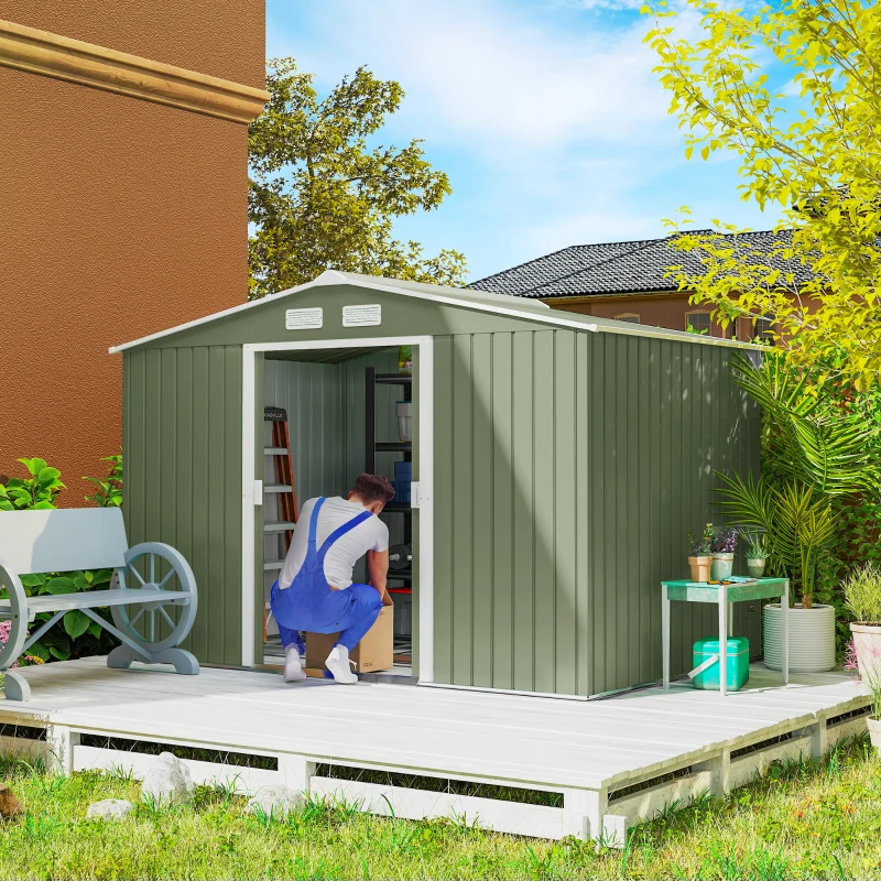 Outsunny 9.1'x6.4'x6.3' Garden Storage Shed w/ Foundation Kit Metal Tool Storage House w/ Double Doors Light Green