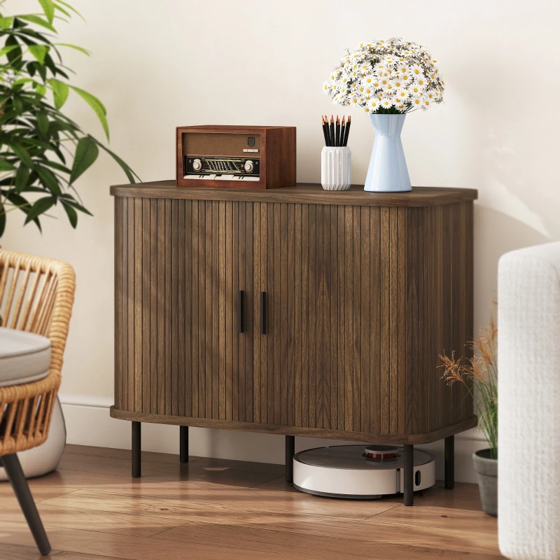 HOMCOM 35.4" Sideboard Buffet Cabinet with Storage, Nordic Coffee Bar Cabinet with Slatted Tambour Doors and Metal Legs, Walnut