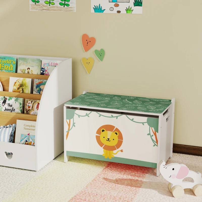 Qaba Toy Box with Lid, Safety Hinges and Groove Handles, Toy Storage Organizer for Kids, Living Room, Playroom, Green