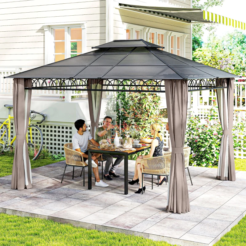 Outsunny 10' x 12' Outdoor Gazebo Canopy, Double Roof Hardtop Gazebo with Polycarbonate Roof, Steel Frame, Nettings and Curtains, for Garden, Lawn, Backyard and Deck, Khaki