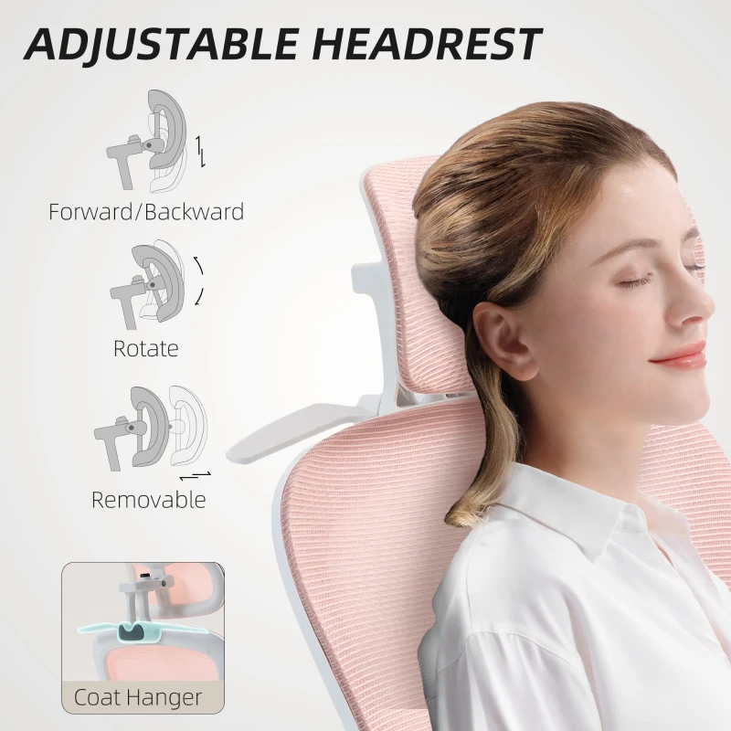 HOMCOM Mesh Office Chair, Ergonomic Desk Chair with Flip-up Armrest, Rotatable Headrest, Adjustable Lumbar Support, Pink