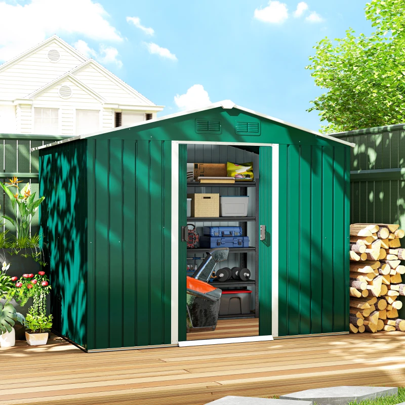 Outsunny 8' x 6' Outdoor Storage Shed, Metal Garden Tool Storage House with Lockable Sliding Doors and Vents for Backyard Patio Lawn, Green