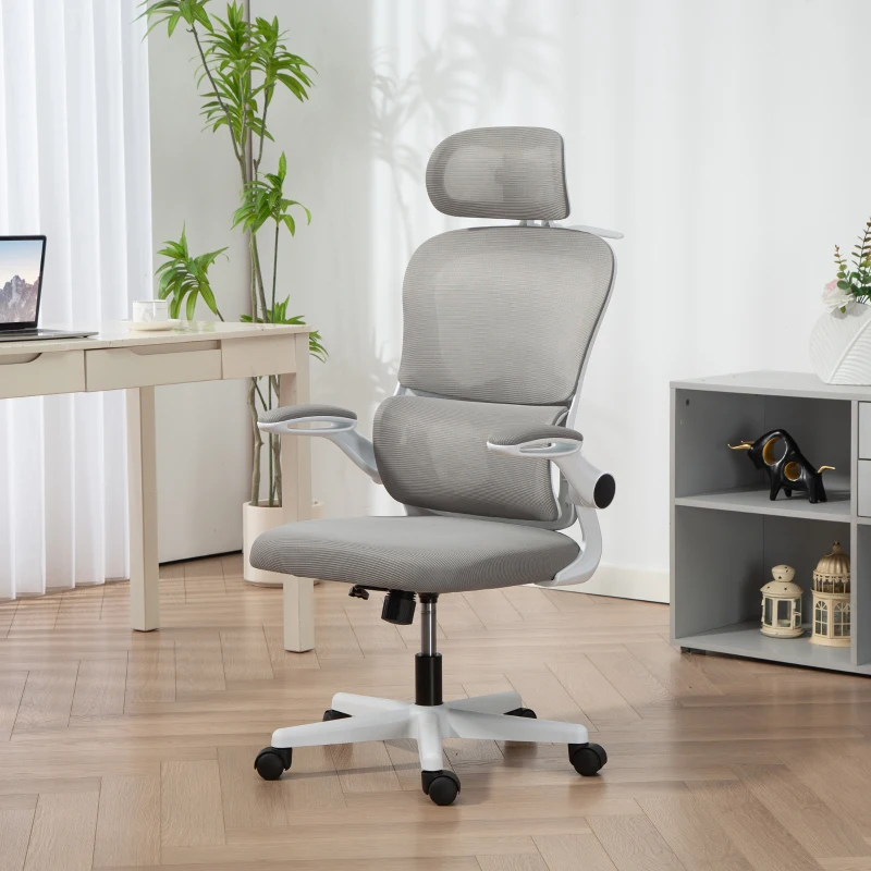 HOMCOM Mesh Office Chair, Ergonomic Desk Chair with Flip-up Armrest, Rotatable Headrest, Adjustable Lumbar Support, Grey
