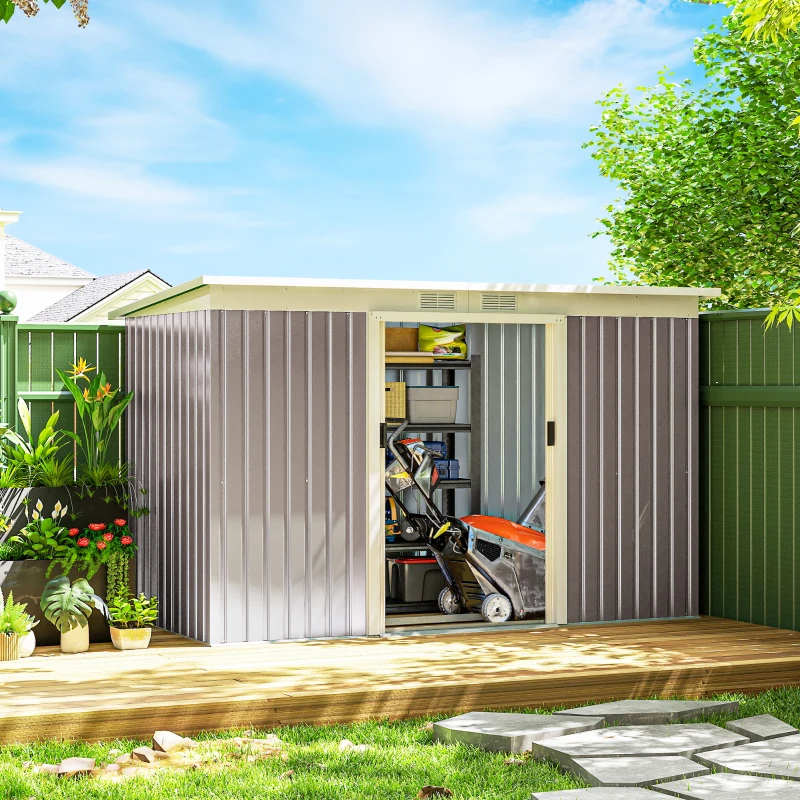 Outsunny 9' x 4' Garden Metal Storage Shed Outdoor Equipment Tool Box with Foundation Kit, Ventilation & Doors, Light Grey