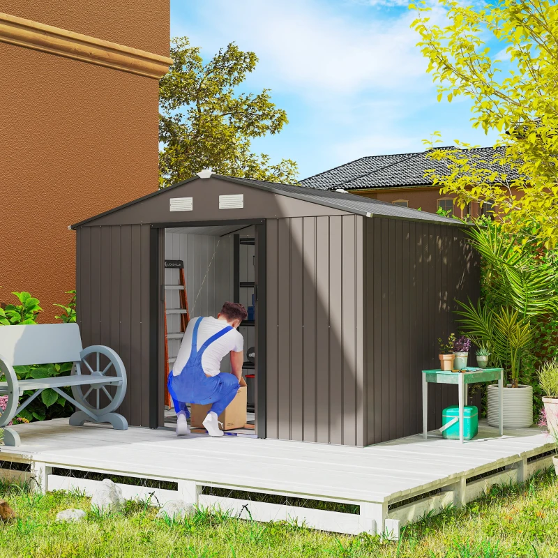 Outsunny 9.1'x6.4'x6.3' Garden Storage Shed w/ Foundation Kit Metal Tool Storage House w/ Double Doors Brown