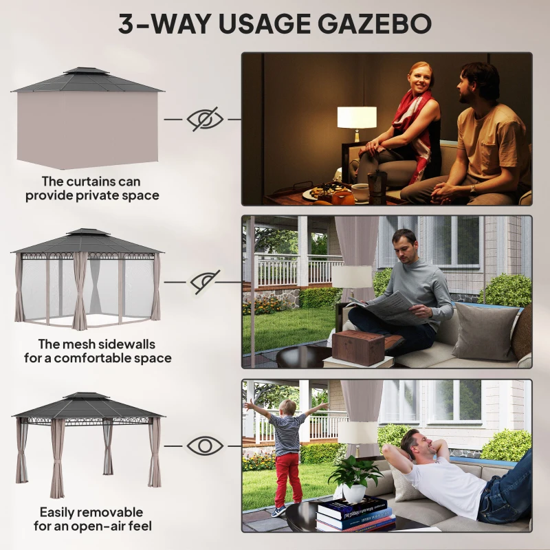 Outsunny 10' x 12' Outdoor Gazebo Canopy, Double Roof Hardtop Gazebo with Polycarbonate Roof, Steel Frame, Nettings and Curtains, for Garden, Lawn, Backyard and Deck, Khaki