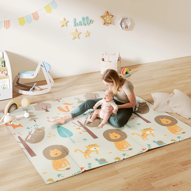 Qaba Double Sided Baby Play Mat, Reversible & Waterproof Foldable Crawling Mat, Animal Theme