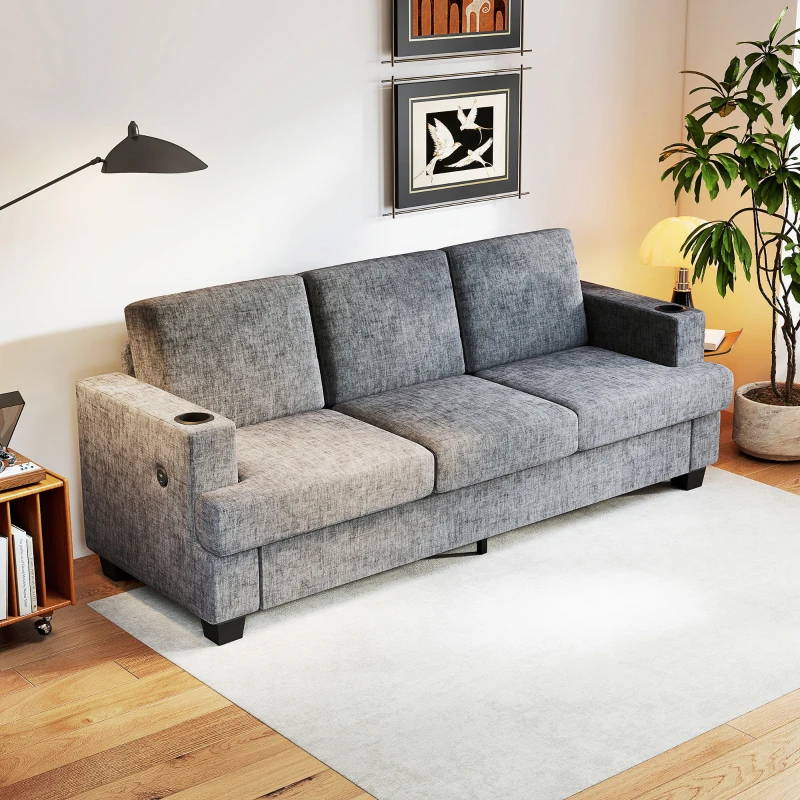HOMCOM 3 Seater Sofa with USB Ports & Cup Holders, Chenille-Feel Upholstered Couch for Living Room, Grey