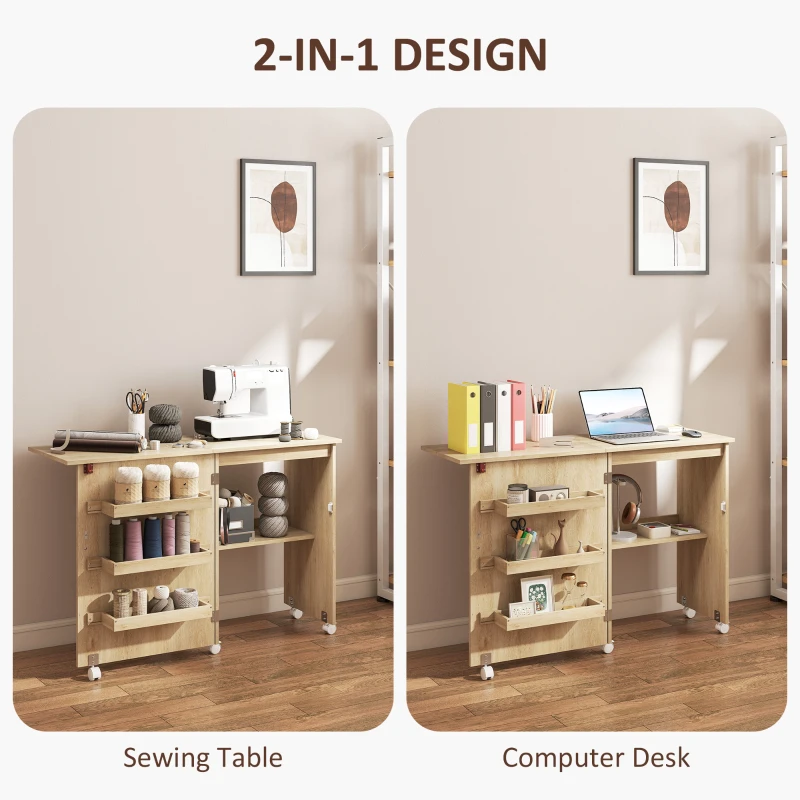 HOMCOM Sewing Machine Cabinet, Folding Sewing Table with Storage Shelf, Bins and Lockable Wheels for Small Space, Nature Wood