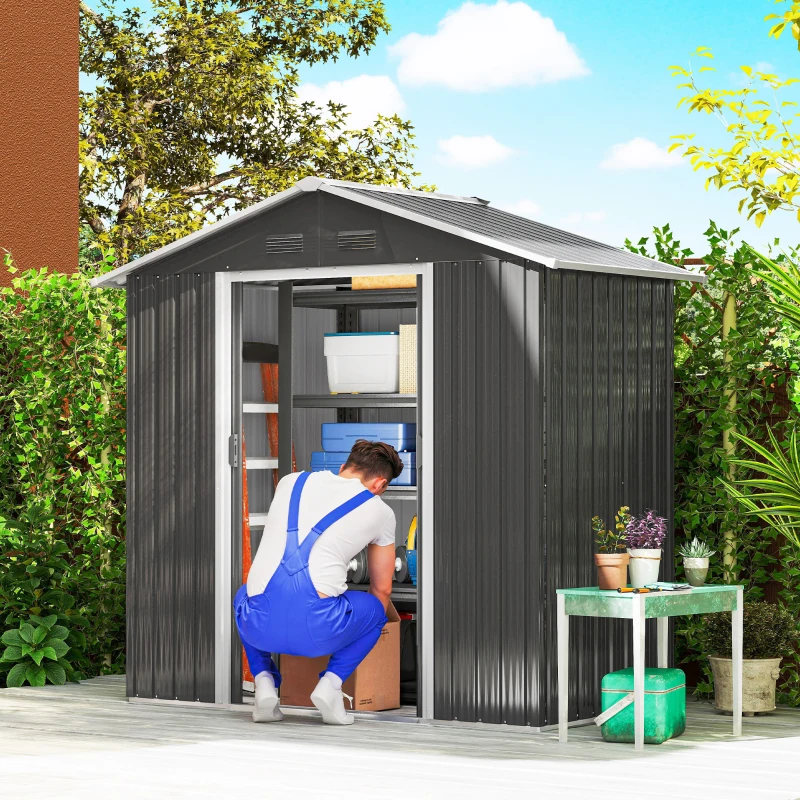 Outsunny 6.5x3.5ft Metal Garden Storage Shed for Outdoor Tool Storage with Double Sliding Doors and Vents, Dark Grey