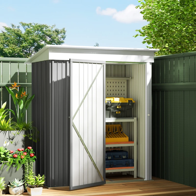 Outsunny Outdoor Storage Shed, Steel Lean-to Shed with Adjustable Shelf, Lock, Gloves, 5'x3'x6', Grey