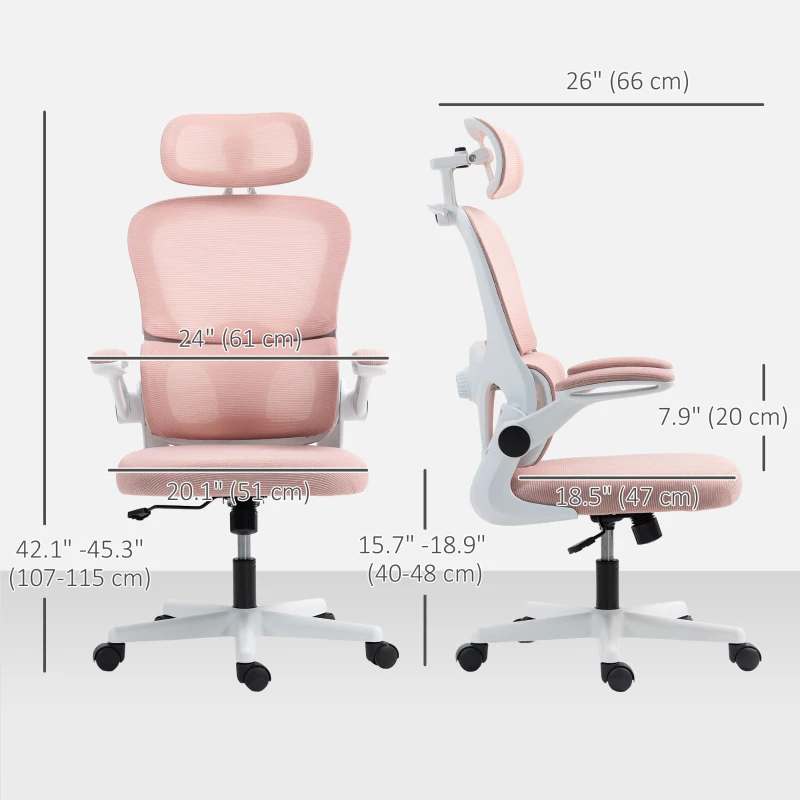 HOMCOM Mesh Office Chair, Ergonomic Desk Chair with Flip-up Armrest, Rotatable Headrest, Adjustable Lumbar Support, Pink