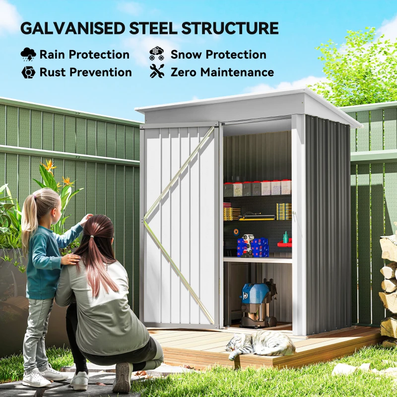Outsunny Outdoor Storage Shed, Steel Lean-to Shed with Adjustable Shelf, Lock, Gloves, 5'x3'x6', Grey