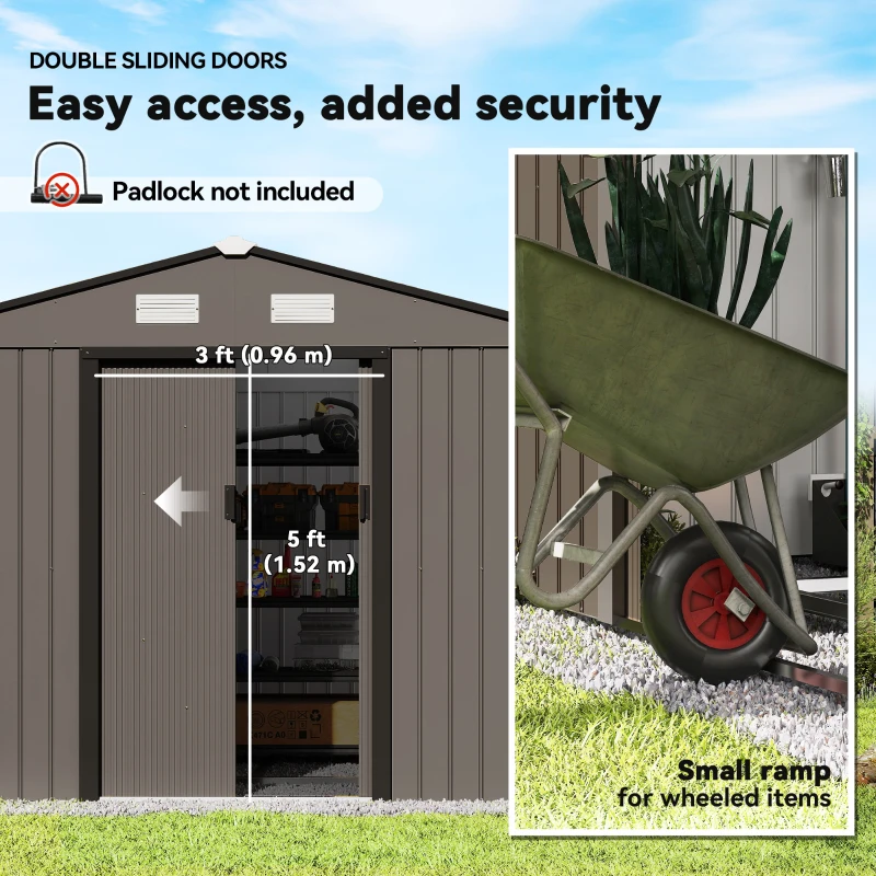Outsunny 9.1'x6.4'x6.3' Garden Storage Shed w/ Foundation Kit Metal Tool Storage House w/ Double Doors Brown