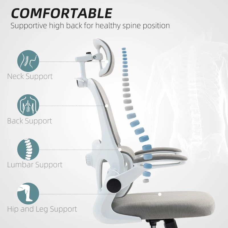 HOMCOM Mesh Office Chair, Ergonomic Desk Chair with Flip-up Armrest, Rotatable Headrest, Adjustable Lumbar Support, Grey