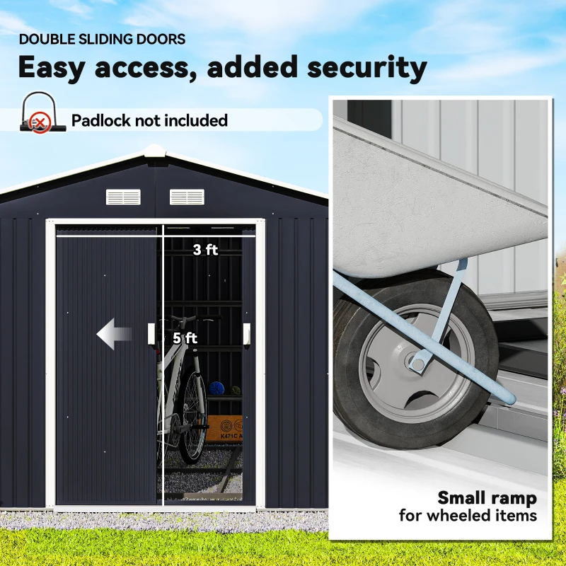 Outsunny 11' x 9' Outdoor Storage Shed, Garden Tool Metal Shed with Foundation Kit, Double Lockable Door, Air Vents and Sloping Roof, for Backyard, Patio, Lawn, Dark Gray