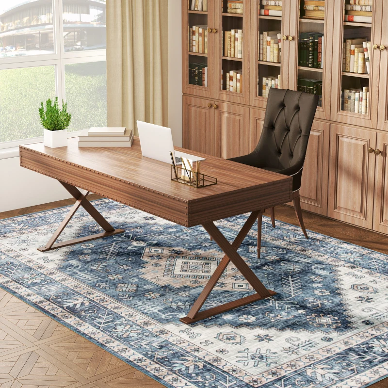 HOMCOM 8x10 Area Rug, Vintage Washable Rug, Non-Slip Floor Carpet for Living Room, Bedroom, Dining Room, Blue