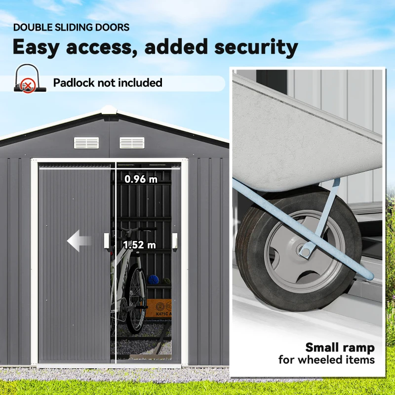 Outsunny 11' x 9' Metal Storage Shed Garden Tool House with Double Sliding Doors, 4 Air Vents for Backyard, Patio, Gray