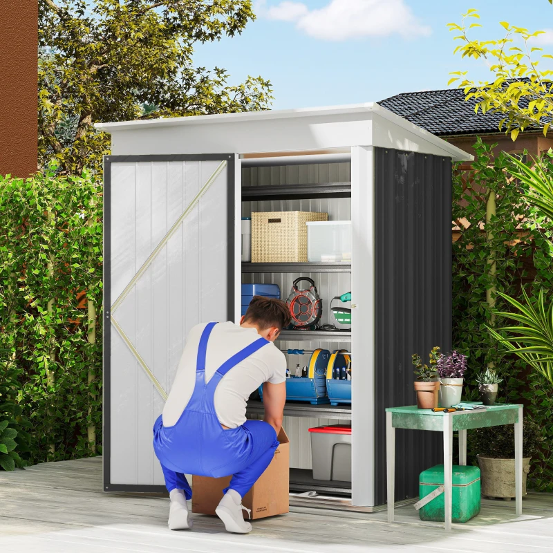 Outsunny Outdoor Storage Shed, Steel Lean-to Shed with Adjustable Shelf, Lock, Gloves, 5'x3'x6', Dark Grey