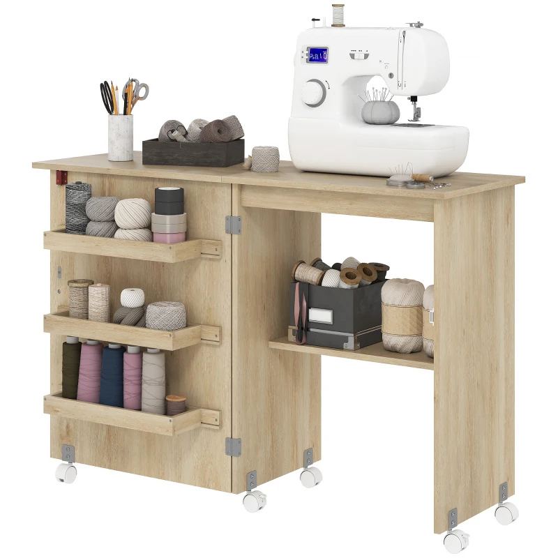 HOMCOM Sewing Machine Cabinet, Folding Sewing Table with Storage Shelf, Bins and Lockable Wheels for Small Space, Nature Wood