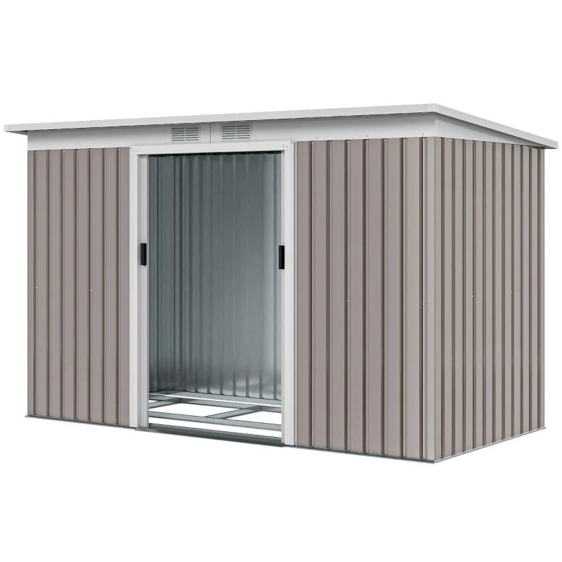 Outsunny 9' x 4' Garden Metal Storage Shed Outdoor Equipment Tool Box with Foundation Kit, Ventilation & Doors, Light Grey