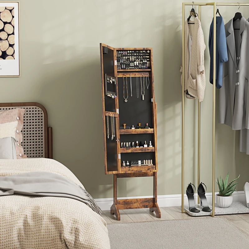 HOMCOM Free Standing Armoire Organizer, Lighted Mirrored Jewelry Cabinet w/ Angle Adjustable & 16 LED Lights Rustic Brown