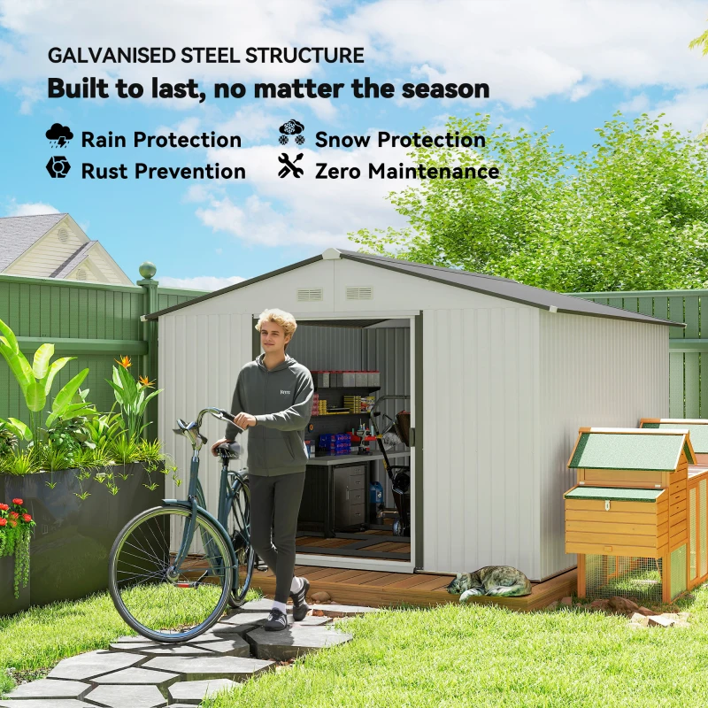 Outsunny 11' x 9' Metal Storage Shed Garden Tool House with Double Sliding Doors, 4 Air Vents for Backyard, Patio, Silver