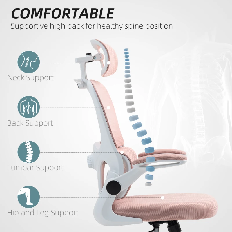 HOMCOM Mesh Office Chair, Ergonomic Desk Chair with Flip-up Armrest, Rotatable Headrest, Adjustable Lumbar Support, Pink