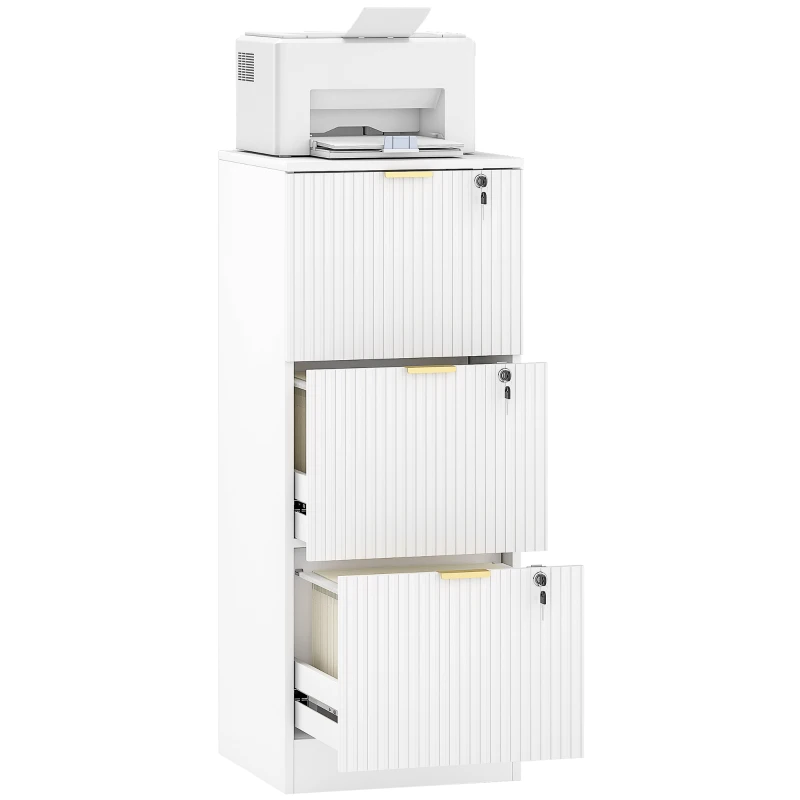 HOMCOM Lockable Filing Cabinet with 3 Fluted Drawers, File Cabinet with Adjustable Hanging Rails for A4 Letter Files, White