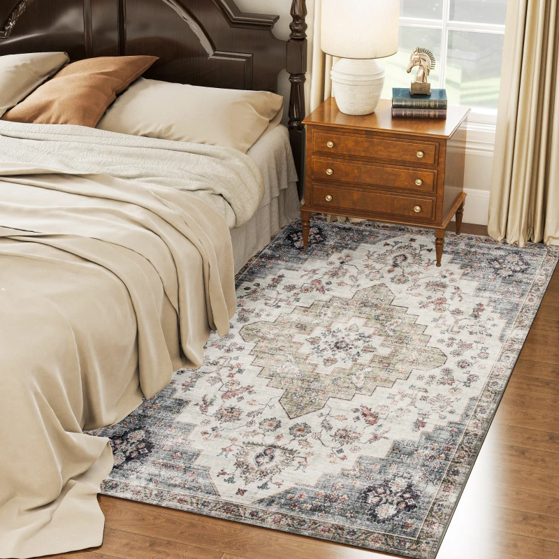 HOMCOM 4x6 Area Rug, Vintage Machine Washable Rug, Non-Slip Carpet for Living Room, Bedroom, Dining Room, Brown and Green