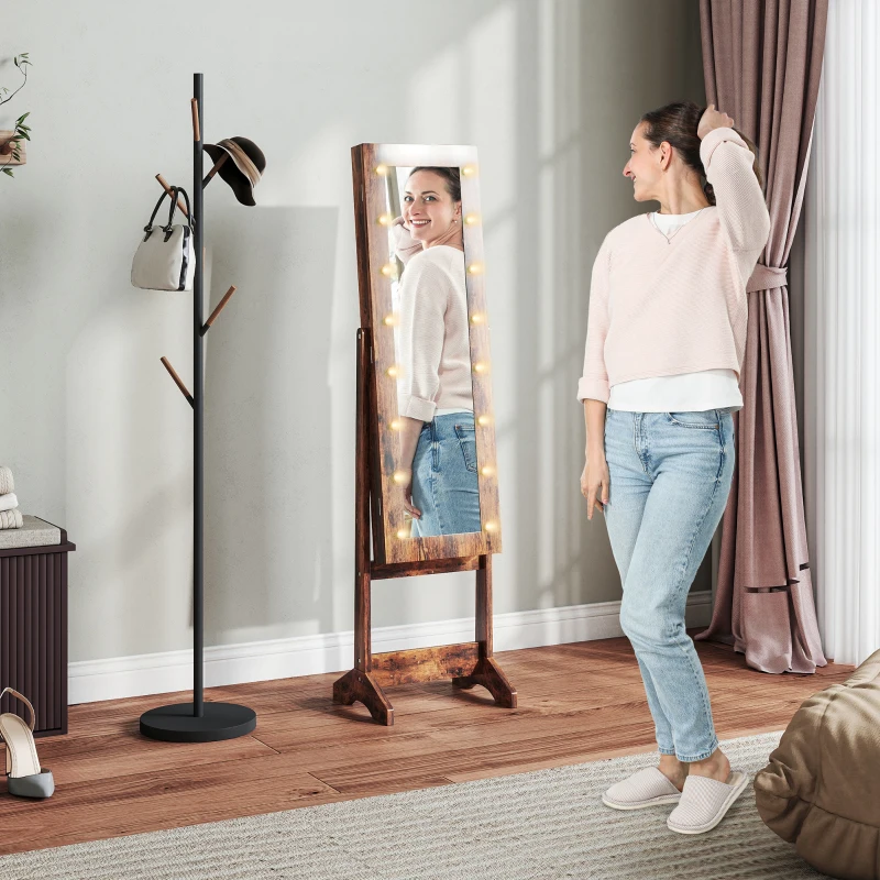 HOMCOM Free Standing Armoire Organizer, Lighted Mirrored Jewelry Cabinet w/ Angle Adjustable & 16 LED Lights Rustic Brown