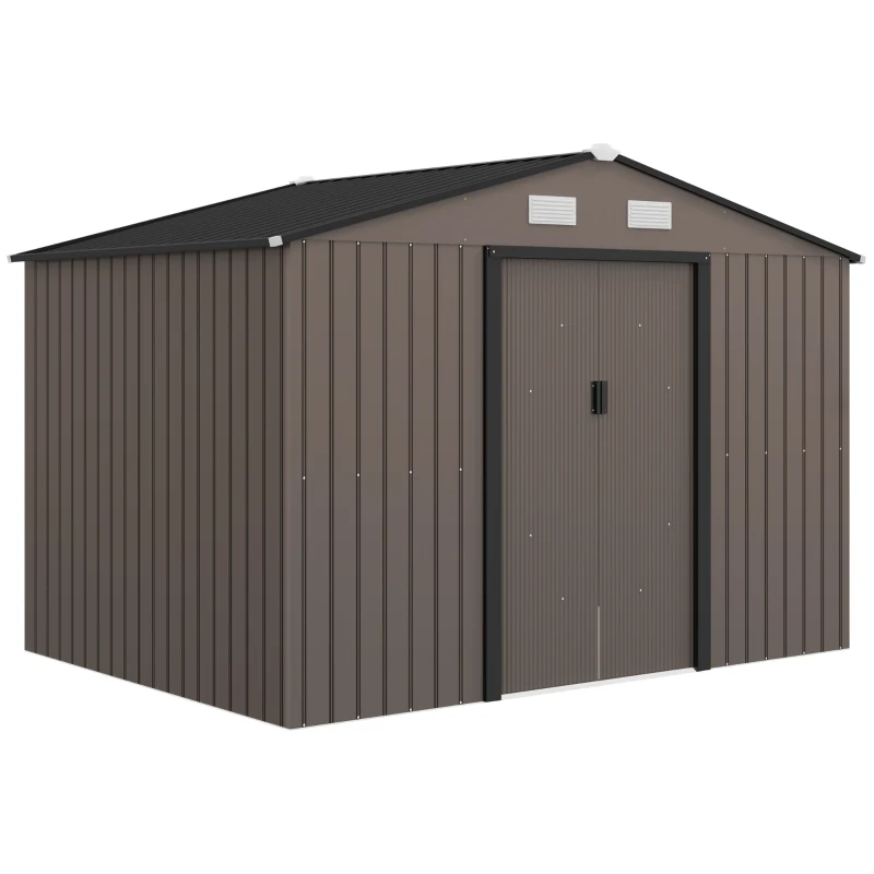 Outsunny Outdoor Shed Garden Storage Shed Tool Storage Building with 4 Vents and 2 Sliding Doors, 9 x 6 FT, Brown