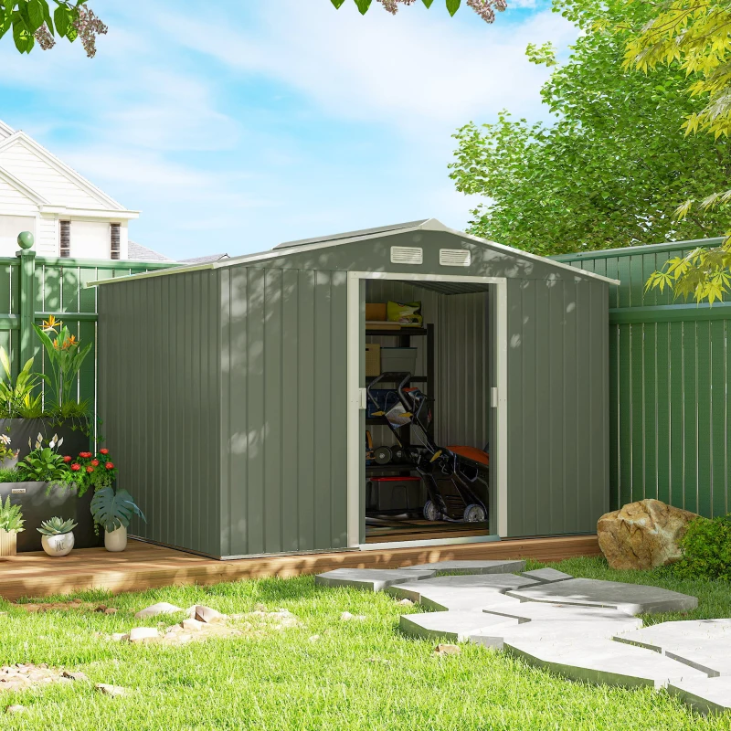 Outsunny 9' x 6' Outdoor Storage Shed, Garden Tool Metal Shed with Foundation Kit, Double Lockable Door, Air Vents and Sloping Roof, for Backyard, Patio, Lawn, Green