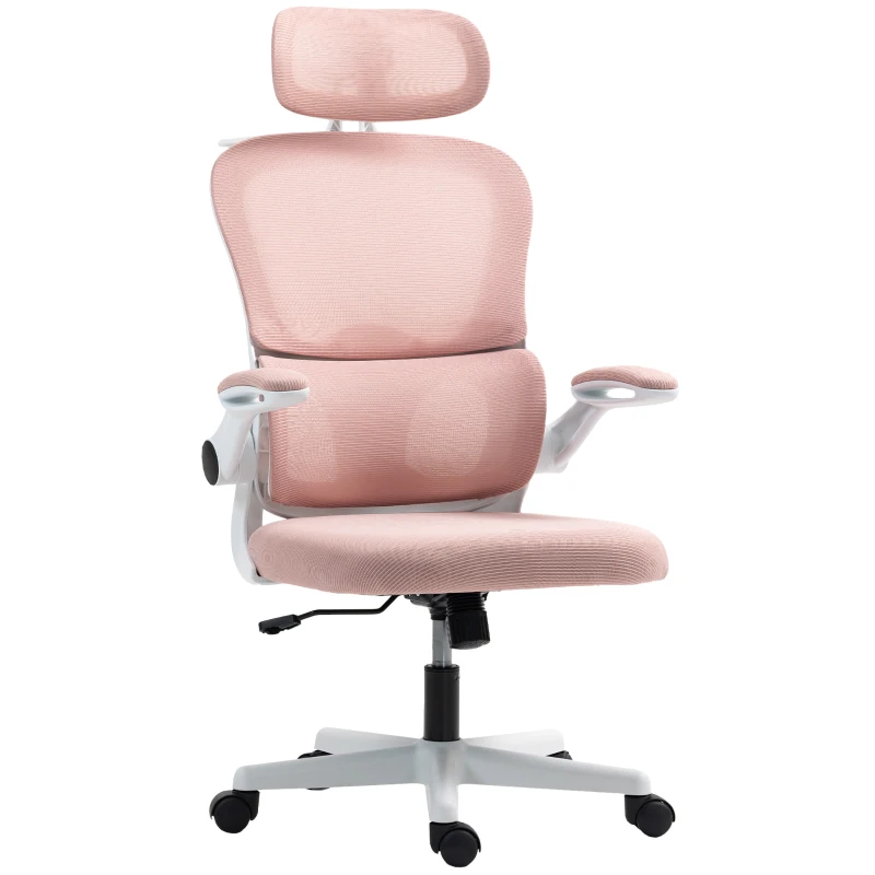 HOMCOM Mesh Office Chair, Ergonomic Desk Chair with Flip-up Armrest, Rotatable Headrest, Adjustable Lumbar Support, Pink