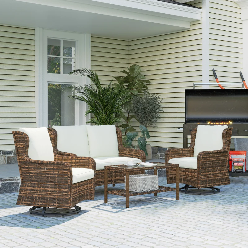 Outsunny 4 Piece Rattan Patio Furniture Set, Conversation Set with Swivel Glider Chairs Table Loveseat for Garden, Patio, Cream