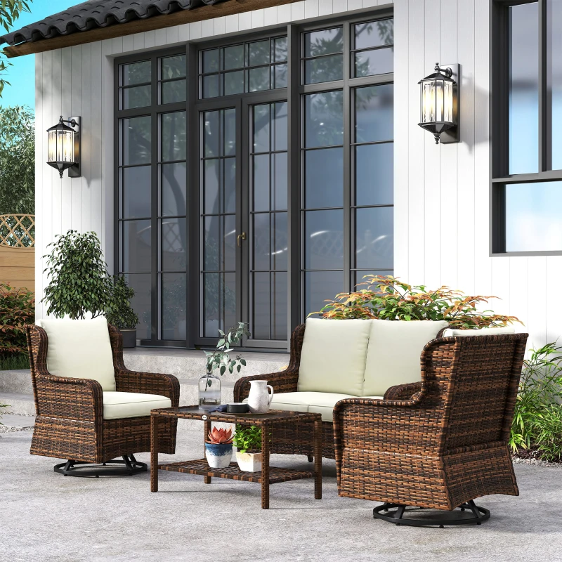Outsunny 4 Piece Rattan Patio Furniture Set, Conversation Set with Swivel Glider Chairs Table Loveseat for Garden, Patio, Cream