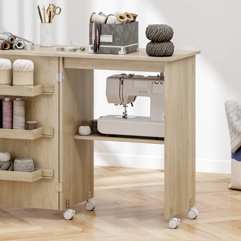 HOMCOM Sewing Machine Cabinet, Folding Sewing Table with Storage Shelf, Bins and Lockable Wheels for Small Space, Nature Wood