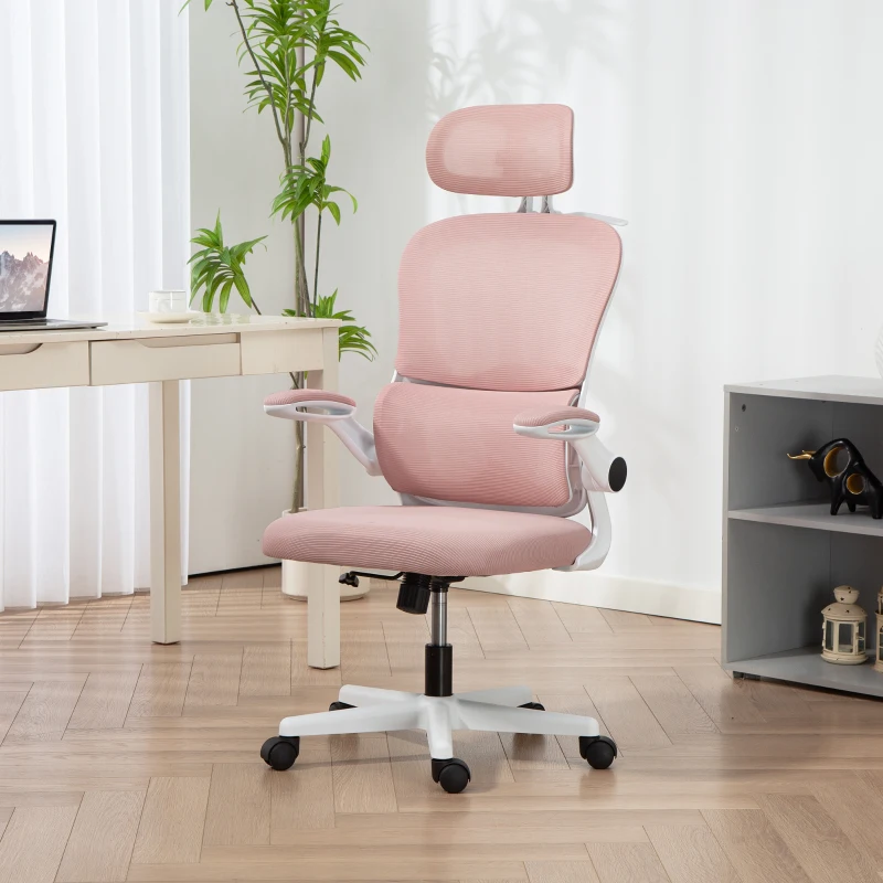 HOMCOM Mesh Office Chair, Ergonomic Desk Chair with Flip-up Armrest, Rotatable Headrest, Adjustable Lumbar Support, Pink