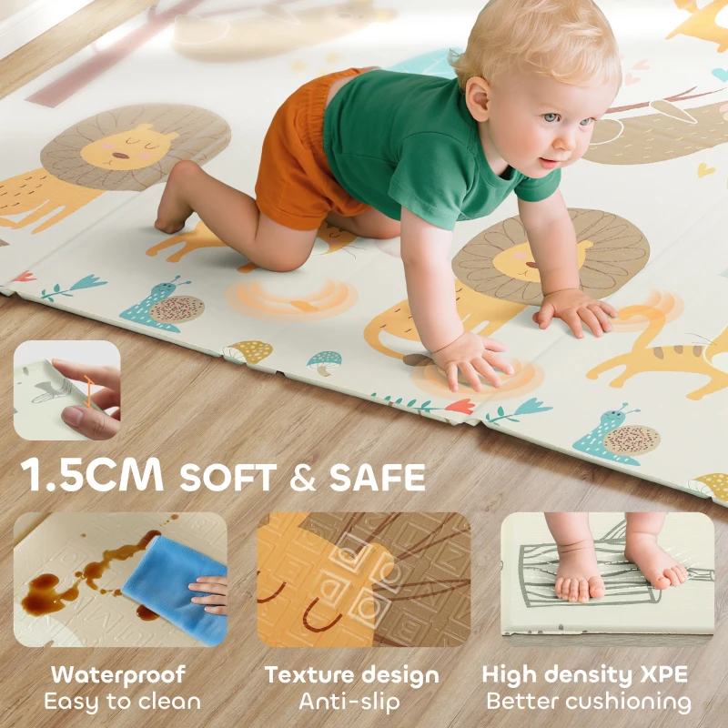 Qaba Double Sided Baby Play Mat, Reversible & Waterproof Foldable Crawling Mat, Animal Theme