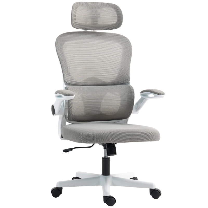 HOMCOM Mesh Office Chair, Ergonomic Desk Chair with Flip-up Armrest, Rotatable Headrest, Adjustable Lumbar Support, Grey