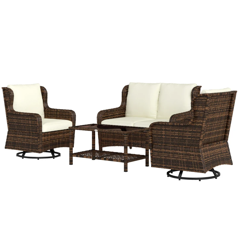 Outsunny 4 Piece Rattan Patio Furniture Set, Conversation Set with Swivel Glider Chairs Table Loveseat for Garden, Patio, Cream