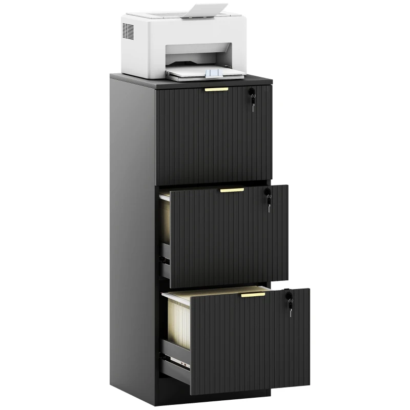 HOMCOM Lockable Filing Cabinet with 3 Fluted Drawers, File Cabinet with Adjustable Hanging Rails for A4 Letter Files, Black