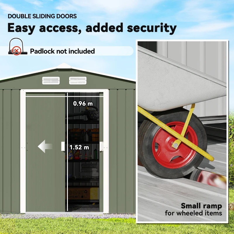 Outsunny 9' x 6' Outdoor Storage Shed, Garden Tool Metal Shed with Foundation Kit, Double Lockable Door, Air Vents and Sloping Roof, for Backyard, Patio, Lawn, Green