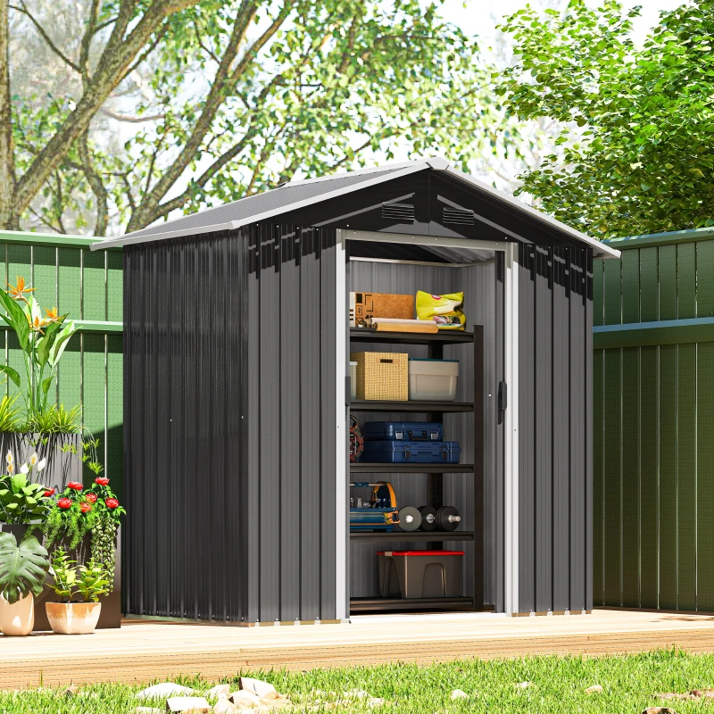 Outsunny 6.5x3.5ft Metal Garden Storage Shed for Outdoor Tool Storage with Double Sliding Doors and Vents, Dark Grey