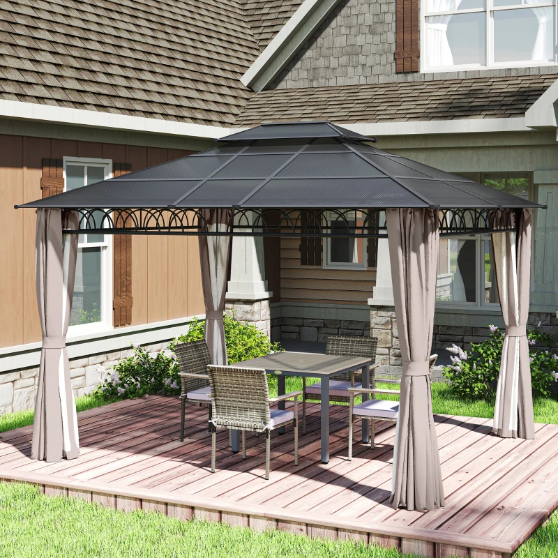 Outsunny 10' x 12' Outdoor Gazebo Canopy, Double Roof Hardtop Gazebo with Polycarbonate Roof, Steel Frame, Nettings and Curtains, for Garden, Lawn, Backyard and Deck, Khaki