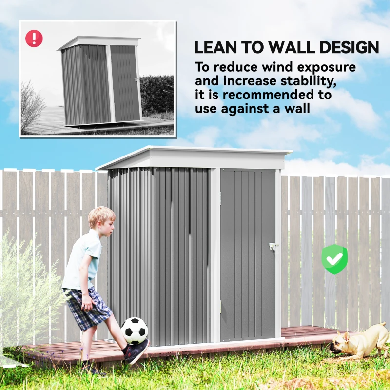 Outsunny Outdoor Storage Shed, Steel Lean-to Shed with Adjustable Shelf, Lock, Gloves, 5'x3'x6', Grey