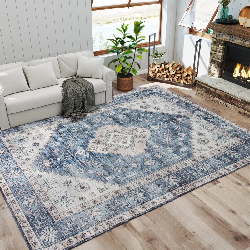 HOMCOM 8x10 Area Rug, Vintage Washable Rug, Non-Slip Floor Carpet for Living Room, Bedroom, Dining Room, Blue